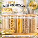 Kit 2/3/5 Potes Vidro Hermético 1000ml Tampa Bambu Premium Mantimento Organização Top Max